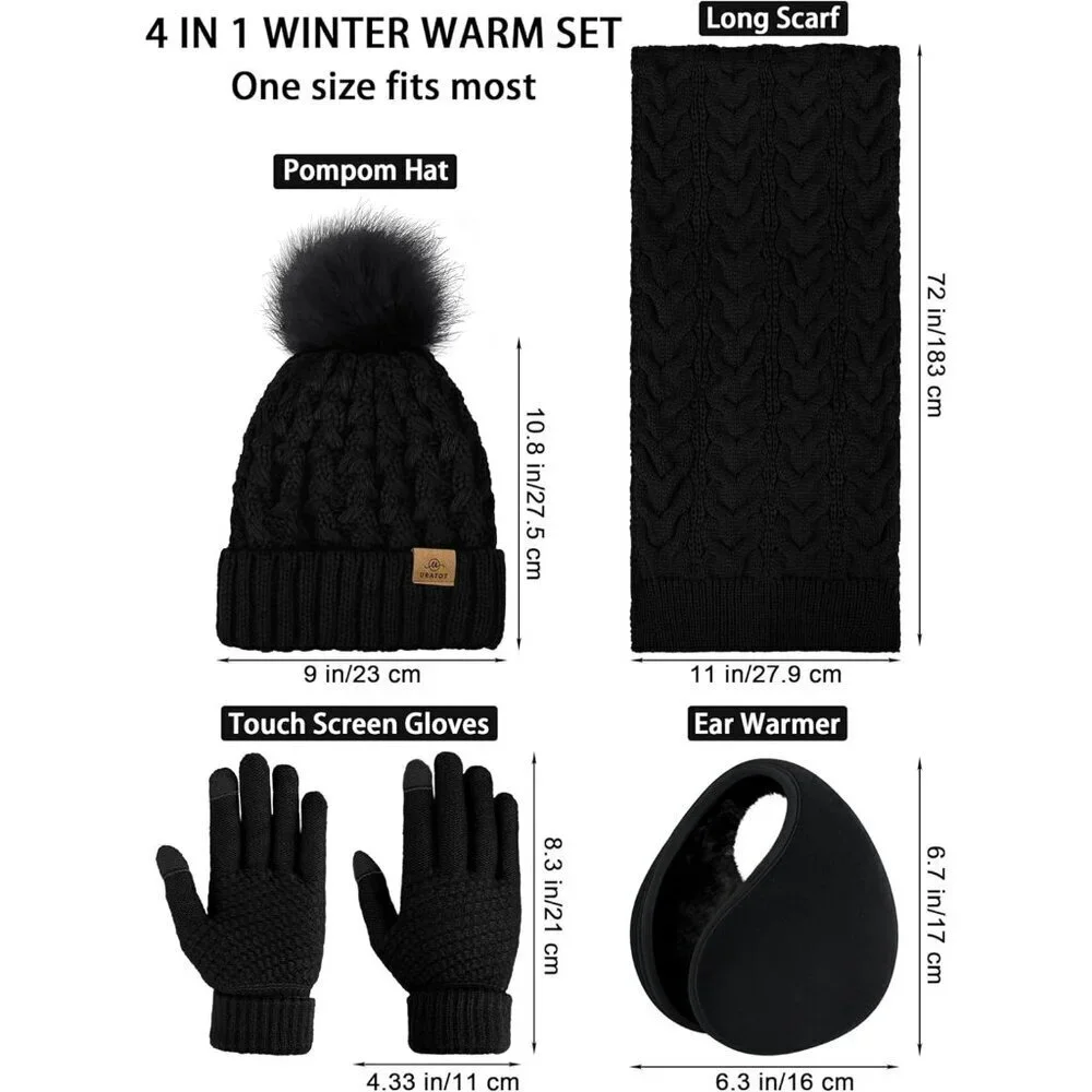 Winter Warm Knitted 4-in-1 Set Hat Scarf Gloves Ear Warmer Men Women